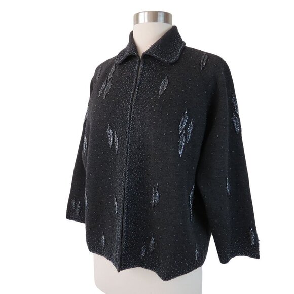 Vintage RENAISSANCE Women's Charcoal Gray Beaded Wool Cardigan Sweater 18 1/2 - Picture 3 of 8